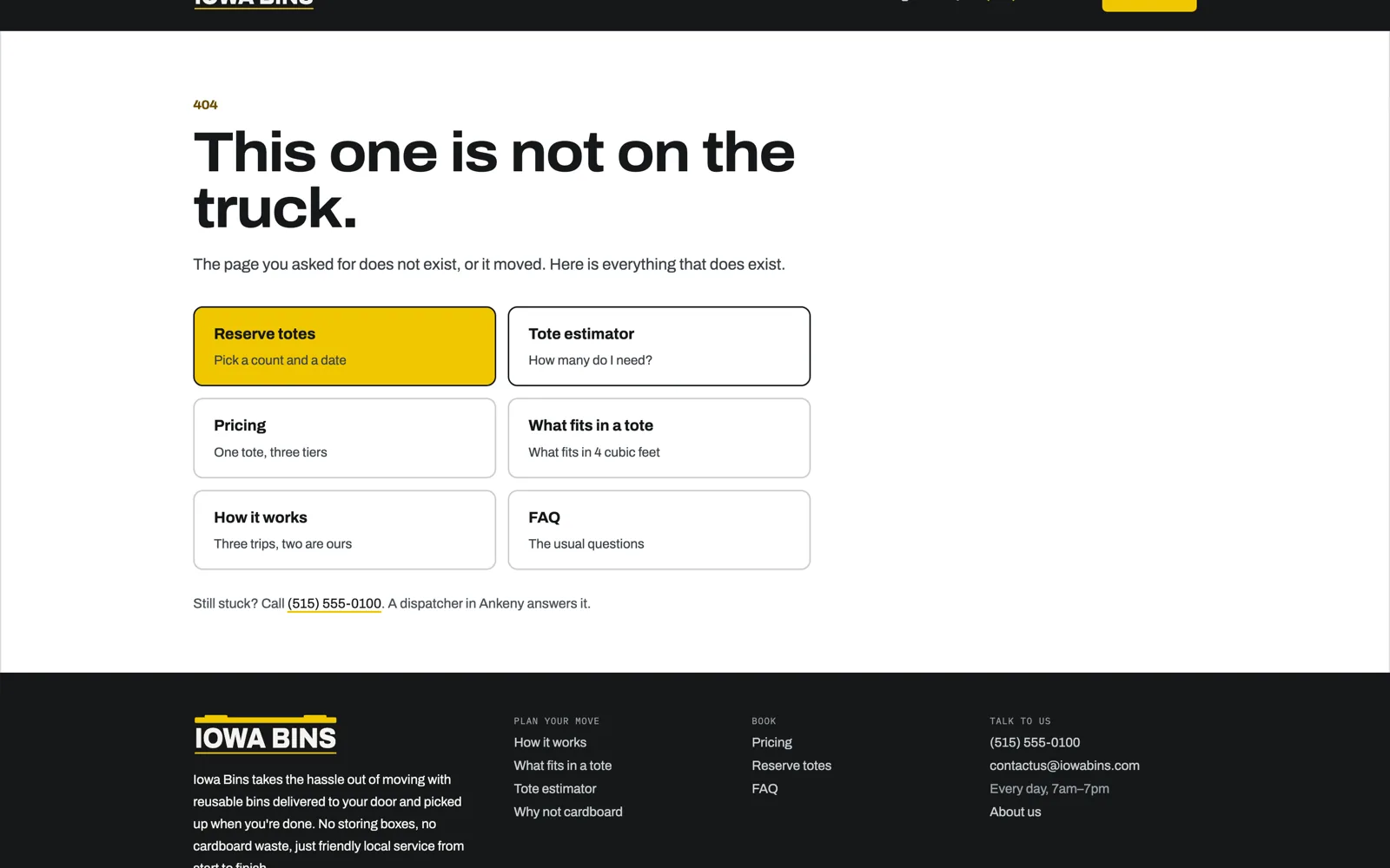 404 page prototype: headline 'This one is not on the truck' with links to reserve totes, the estimator, pricing, what fits in a tote, how it works and the FAQ.