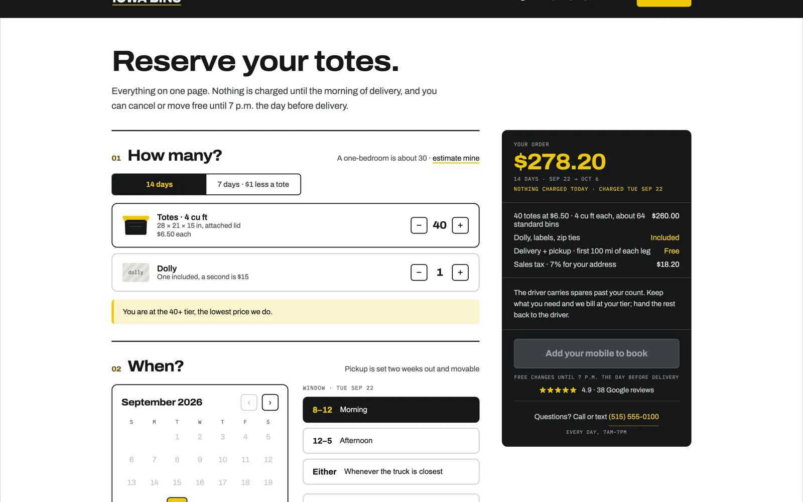 Iowa Bins booking page prototype: tote count, rental length and delivery date on the left, with a running order total on the right that says nothing is charged today.