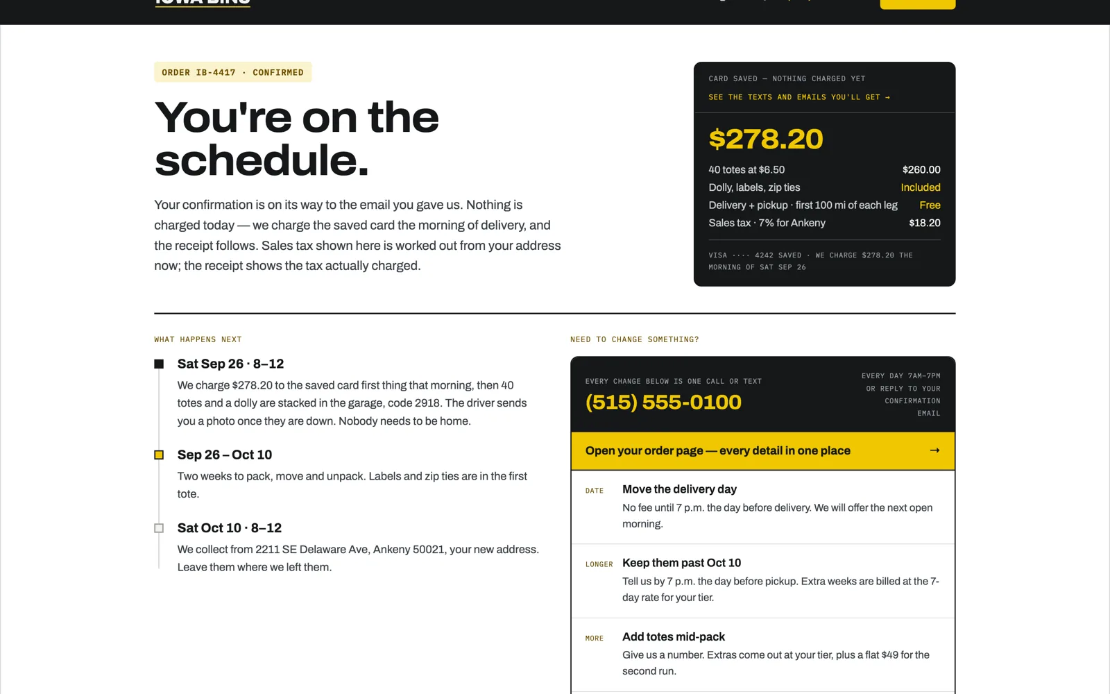 Order confirmed prototype: headline 'You're on the schedule', a note that nothing is charged today, and the order total.